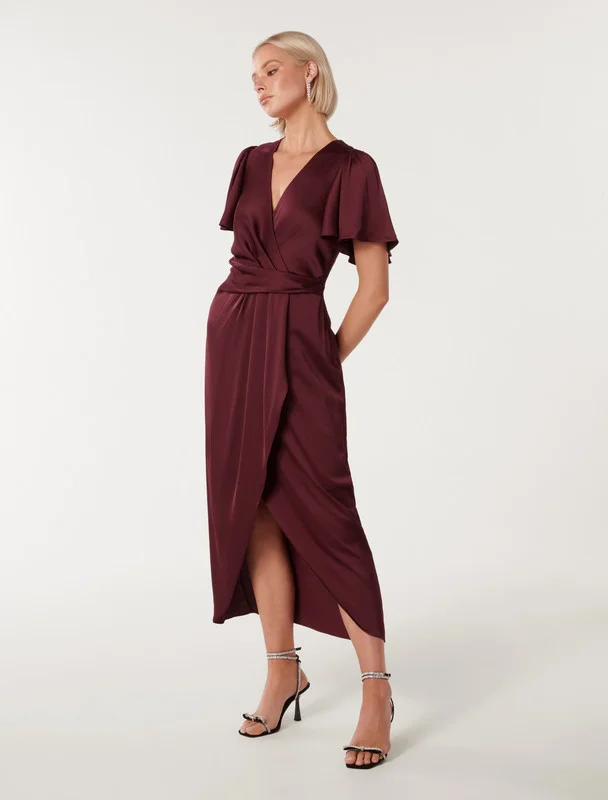 forever new  ESTELLE Solid Flutter Sleeves Midi Dress for Women | Best Price UAE